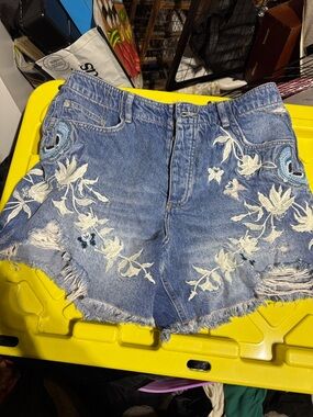 We The Free Blue Embroidered High-Rise Denim Shorts